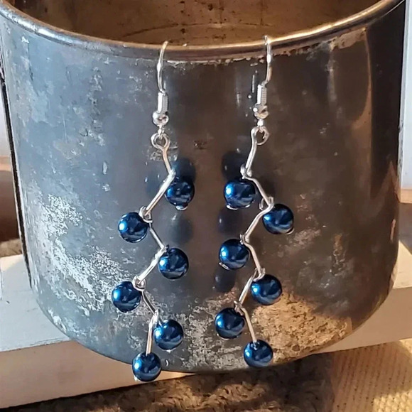 Hand Crafted Blue Glass Pearl Long Zig Zag Geometric Dangle Earrings - Picture 3 of 8